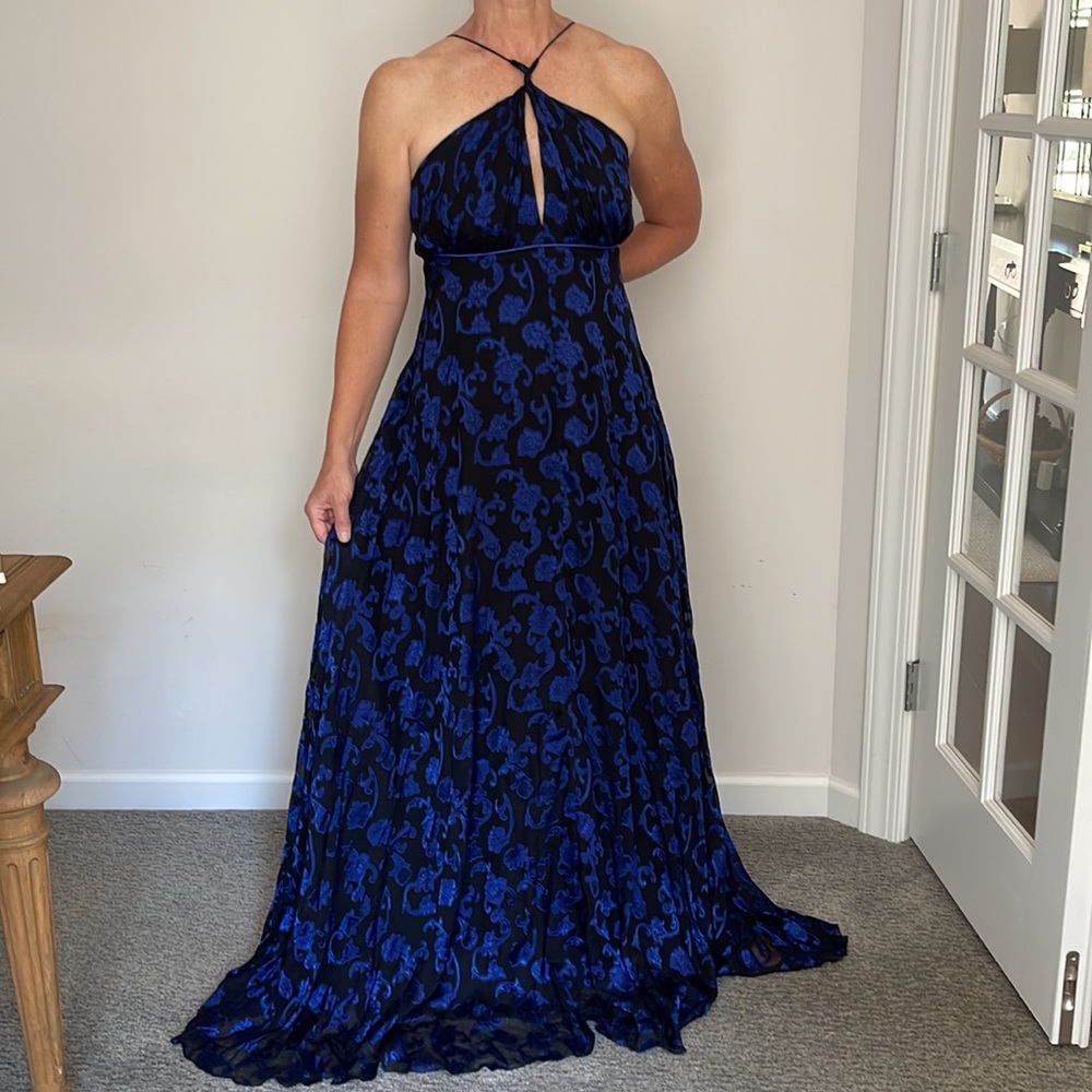 Nicole Miller collection blue and black floral maxi dress gown size 12